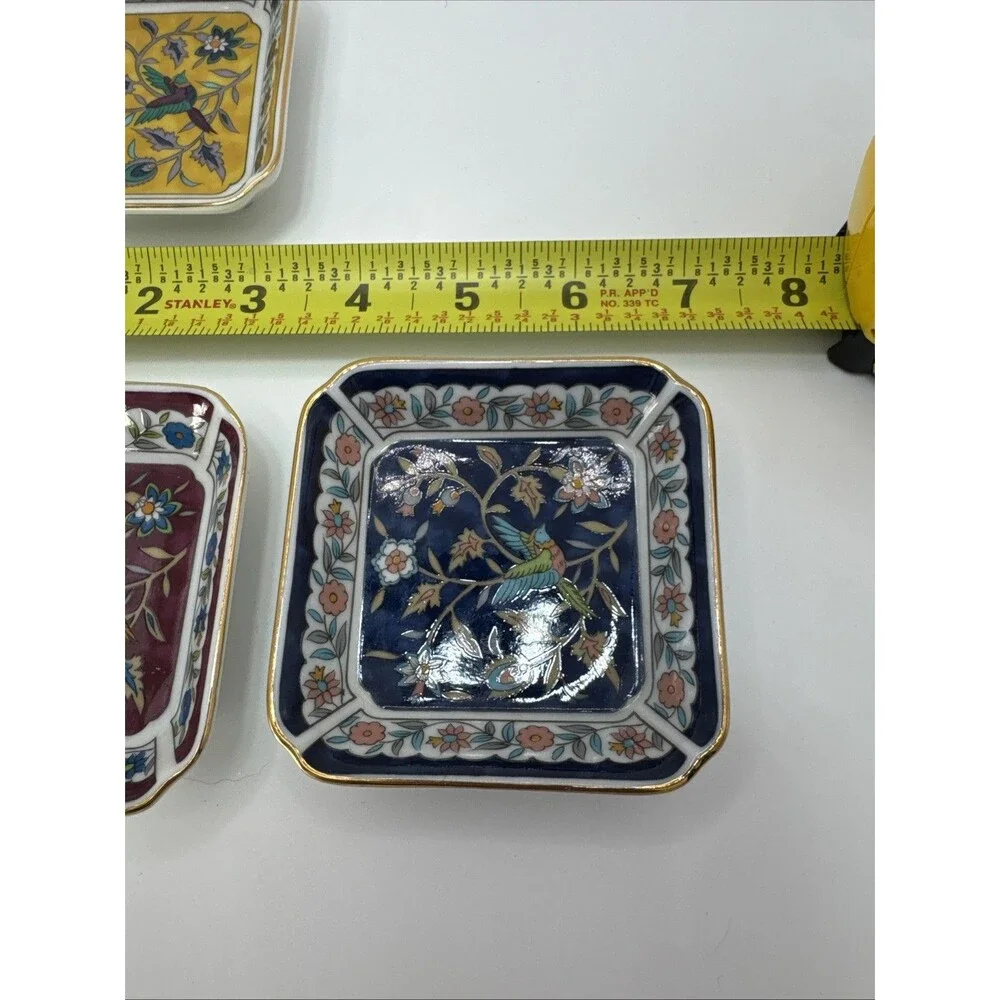 Set of 3 Takahashi 1983 Silk Road Trinket Dish Floral Bird Hand Decorated 3.25”